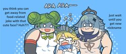  1boy 2girls :3 :d :o ai-chan_(honkai_impact) black_scarf blonde_hair blue_background boots closed_eyes closed_mouth company_connection crossover crying crying_with_eyes_open davis_(tears_of_themis) double_bun dress genshin_impact green_hair grey_necktie grey_vest grin hair_bun halo hand_on_another&#039;s_head highres holding holding_tablet_pc honkai_(series) honkai_impact_3rd long_hair long_sleeves middle_finger mihoyo multiple_girls muscular muscular_female necktie open_mouth paimon_(genshin_impact) paipaimonmon polo_shirt romaji_text scarf short_hair simple_background sleeveless sleeveless_dress smile tablet_pc tears tears_of_themis vest white_dress white_footwear white_hair white_sleeves 