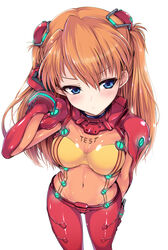  blush bodysuit breasts cleavage closed_mouth covered_navel evangelion:_2.0_you_can_(not)_advance female from_above frown highres interface_headset kasai_shin long_hair medium_breasts multicolored_bodysuit multicolored_clothes navel neon_genesis_evangelion orange_bodysuit pilot_suit plugsuit rebuild_of_evangelion red_bodysuit science_fiction solo souryuu_asuka_langley standing test_plugsuit 