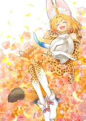  :d ^_^ animal_ear_fluff animal_ears blonde_hair bow bowtie closed_eyes commentary elbow_gloves extra_ears female flower from_above gloves hat_feather helmet high-waist_skirt holding inukoro_(spa) kemono_friends lying on_back open_mouth orange_bow orange_bowtie orange_flower orange_gloves orange_legwear orange_skirt pink_flower pith_helmet print_bow print_bowtie print_gloves print_skirt serval_(kemono_friends) serval_print shoes short_hair skirt smile solo striped_tail tail traditional_bowtie two-tone_bowtie white_bow white_bowtie white_footwear 