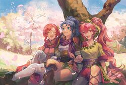  3girls ^_^ blue_eyes breasts cherry_blossoms closed_eyes commentary commission crossed_legs fire_emblem fire_emblem:_new_mystery_of_the_emblem green_shorts kris_(female)_(fire_emblem) kris_(fire_emblem) long_hair medium_breasts multiple_girls norne_(fire_emblem) open_mouth outdoors phina_(fire_emblem) picnicic pink_eyes pink_hair pink_shirt ponytail purple_scarf red_hair red_scarf scarf shirt shorts sitting smile thighhighs tree very_long_hair 