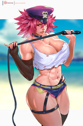  abs black_choker black_gloves black_thighhighs blue_eyes blurry blurry_background breasts choker cleavage commentary crop_top cutoffs denim denim_shorts elbow_gloves female fingerless_gloves fingernails garter_straps gloves hat holding holding_whip huge_breasts lips midriff nail_polish obliques peaked_cap pink_hair pink_nails pinky_out poison_(final_fight) purple_hat rejean_dubois short_hair short_shorts shorts single_elbow_glove single_fingerless_glove single_garter_strap single_thighhigh skull_and_crossbones solo spiked_hair standing strap_gap street_fighter street_fighter_v tank_top thick_thighs thighhighs thighs toned torn_clothes torn_tank_top underboob whip 