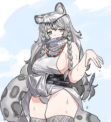  animal_ears arknights bead_necklace beads belt black_belt braid breasts clothes_lift commentary cowboy_shot dress female fish grey_background grey_dress grey_eyes grey_hair grey_panties grey_thighhighs groin hair_between_eyes hand_up head_chain highres ierotak jewelry large_breasts leopard_ears leopard_tail long_hair looking_at_viewer mouth_hold multiple_belts necklace panties pelvic_curtain pelvic_curtain_lift pramanix_(arknights) sideboob sleeveless sleeveless_dress solo tail thick_thighs thighhighs thighs turtleneck turtleneck_dress twin_braids twitter_username underwear wet white_background 