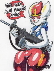  2021 anthro bottomwear bulge cinderace clothing dialogue femboy fur generation_8_pokemon gesture gun hair hi_res looking_at_viewer male nintendo pants parasitedeath pokemon pokemon_(species) ranged_weapon red_eyes red_hair red_nose shotgun simple_background solo spanish_text speech_bubble talking_to_viewer text thick_thighs traditional_media_(artwork) translated weapon white_background white_body white_fur wide_hips 