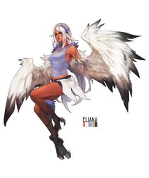  bare_shoulders bird_legs blue_eyes blue_hair blue_tank_top character_name eliana_(mgl139) facial_mark feathered_wings feathers female full_body gradient_wings harpy heterochromia highres long_hair midriff monori_rogue monster_girl multicolored_hair multicolored_wings original second-party_source shorts simple_background solo talons tan tank_top white_background white_feathers white_hair winged_arms wings yellow_eyes 