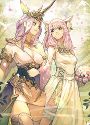  2girls animal_ears asymmetrical_clothes bird blue_eyes boots bouquet bridal_garter cat_ears cleavage_cutout clothing_cutout commentary_request detached_sleeves dress final_fantasy final_fantasy_xiv flower hair_flower hair_ornament headgear hide_(hideout) highres holding_another&#039;s_arm hyur long_hair looking_at_another miqo&#039;te mole mole_under_mouth multiple_girls petals pink_hair side_slit single-shoulder_dress single_detached_sleeve sleeveless smile summoner_(final_fantasy) tail thigh_boots thighhighs warrior_of_light_(ff14) wedding white_dress wife_and_wife yuri 