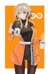  absurdres arknights breasts coffee_mug cup earphones female gloves grey_eyes grey_hair hair_between_eyes highres holding id_card jacket large_breasts looking_at_viewer mayer_(arknights) mug open_mouth rhine_lab_logo rhodes_island_logo_(arknights) ribbed_sweater smile solo standing superbeek4 sweater thighs turtleneck turtleneck_sweater yellow_background yellow_jacket 