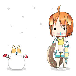  0_0 ahoge animal animal_ears bare_shoulders blush brown_hair canine chibi commentary_request crop_top dog_ears dog_girl dog_tail female fur-trimmed_mittens fur_trim holding innertube inuarashi jacket meiko_(inuarashi) mittens navel off_shoulder open_clothes open_jacket open_mouth original rectangular_mouth red_mittens sandals shadow short_shorts short_sleeves shorts snot snowing snowman solo standing swim_ring tail water_gun white_background white_footwear white_jacket yellow_shorts 