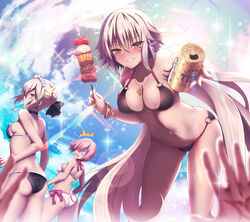  0_0 4girls :d ^^^ adapted_costume akina_t artoria_pendragon_(alter_swimsuit_rider)_(fate) artoria_pendragon_(alter_swimsuit_rider)_(second_ascension)_(fate) artoria_pendragon_(fate) ass ass_visible_through_thighs bare_shoulders beer_can bent_over bikini black_bikini black_bow black_choker blonde_hair blurry blurry_foreground bow breasts brown_eyes can choker cleavage cloud collarbone command_spell day depth_of_field drink_can fate/grand_order fate_(series) food frilled_bikini frills fujimaru_ritsuka_(female) grey_hair grin hair_bun hair_over_one_eye hairbow highres jeanne_d&#039;arc_alter_(fate) jeanne_d&#039;arc_alter_(swimsuit_berserker)_(fate) jewelry lens_flare long_hair looking_at_viewer looking_back maid_headdress mash_kyrielight mash_kyrielight_(swimsuit_of_perpetual_summer) meat medium_breasts mouth_hold multiple_girls navel necklace o-ring o-ring_bikini official_alternate_costume onion open_mouth outdoors outstretched_arm photoshop_(medium) pink_bow pink_hair popsicle pov short_hair side-tie_bikini_bottom single_hair_bun skewer small_breasts smile sparkle stomach sunlight surprised swimsuit teeth v-shaped_eyebrows very_long_hair white_bikini 