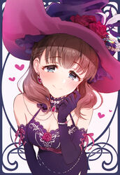  blush bracelet braid breasts brown_hair cleavage detached_collar dress earrings female flower french_braid gloves hand_on_own_cheek hand_on_own_face hat hat_flower heart heart_print idolmaster idolmaster_cinderella_girls jewelry lace-trimmed_gloves lace_trim necklace omisoshiru pearl_necklace protected_link purple_dress sakuma_mayu sleeveless sleeveless_dress smile solo upper_body witch witch_hat 