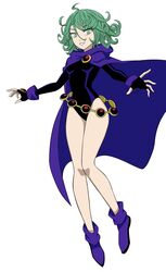  bare_legs black_leotard boots breasts brooch cape cosplay curly_hair dc_comics eyelashes female fingerless_gloves floating flowers-imh full_body gloves green_eyes green_hair grin hair_between_eyes highleg highleg_leotard highres jewelry leotard looking_at_viewer one-punch_man petite purple_cape purple_footwear raven_(dc) raven_(dc)_(cosplay) short_hair simple_background sleeved_leotard small_breasts smile solo tatsumaki teen_titans thighs white_background wrist_cuffs 