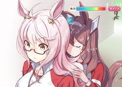  3girls ahoge animal_ears biwa_hayahide_(umamusume) biwa_lute commentary_request ear_ornament gameplay_mechanics grey_hair hair_between_eyes hair_ornament hairclip horse_ears horse_girl horse_tail instrument kuzumochi_(kuzumochiya) long_sleeves lute_(instrument) mihono_bourbon_(umamusume) multiple_girls red-framed_eyewear rice_shower_(umamusume) semi-rimless_eyewear tail tracen_training_uniform umamusume yellow_eyes 