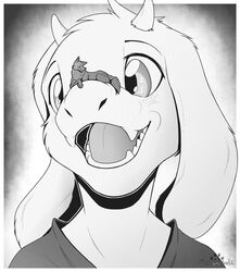  2019 ambiguous_gender anthro asriel_dreemurr barefoot biped black_and_white black_body black_fur border boss_monster_(undertale) bovid bust_portrait canid canine canis caprine closed_eyes clothed clothing crossed_legs digital_drawing_(artwork) digital_media_(artwork) duo english_text fangs feet feral floppy_ears fluffy fluffy_tail front_view fur fur_markings fur_tuft gentle_giant gradient_background grey_background greyscale happy head_tuft horn larger_ambiguous larger_anthro looking_at_another lying macro male_(lore) mammal markings micro monochrome nude on_snout open_mouth open_smile paws portrait quadruped s2-freak shirt side_view simple_background sitting size_difference smaller_ambiguous smaller_feral smile snowball_(s2-freak) standing symbol tail teeth text tongue topwear tuft undertale undertale_(series) watermark white_body white_border white_fur wolf young 