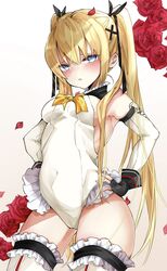  black_ribbon blonde_hair blue_eyes blush chigasaki_yukari dead_or_alive dead_or_alive_5 elbow_gloves female fingerless_gloves flower frilled_leotard frilled_one-piece_swimsuit frills gloves hair_ornament hair_ribbon highres leotard long_hair marie_rose one-piece_swimsuit petals ribbon rose rose_petals solo swimsuit twintails x_hair_ornament 