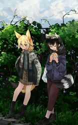  2girls alternate_costume animal_ears black_footwear black_hair blonde_hair blue_jacket boots brown_legwear capri_pants casual commentary common_raccoon_(kemono_friends) eating extra_ears fennec_(kemono_friends) food fox_ears fox_girl fox_tail green_shirt green_skirt grey_hair highres jacket japari_bun kemono_friends long_sleeves multicolored_hair multiple_girls nanana_(nanana_iz) outdoors pants pencil_skirt plaid plaid_skirt raccoon_ears raccoon_girl raccoon_tail shirt shoes short_hair skirt sneakers tail two-tone_hair white_hair white_jacket 