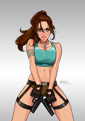  aqua_shirt artist_name belt black_gloves breasts brown_hair brown_shorts cleavage commentary covered_nipples cowboy_shot crop_top dual_wielding female fingerless_gloves gloves gradient_background grey_background grey_eyes gun handgun highres holding holding_gun holding_weapon jewelry lara_croft long_hair looking_at_viewer midriff navel necklace olena_minko patreon_username pink_lips shirt short_shorts shorts sleeveless solo tomb_raider watermark weapon web_address white_background 