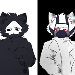  1:1 5_fingers ambiguous_gender anthro black_background black_body black_fur black_inner_ear_fluff black_sclera canid canine canis changed_(video_game) cheek_tuft chest_tuft clothing coat dr._k_(changed) duo facial_tuft fingers fur gas_mask goo_creature goomex head_tuft hi_res inner_ear_fluff lab_coat looking_at_another male mammal mask puro_(changed) red_eyes simple_background topwear tuft white_background white_body white_eyes white_fur white_inner_ear_fluff wolf 