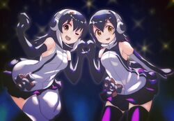  2girls african_penguin_(kemono_friends) animal_costume black_eyes black_hair headphones highres humboldt_penguin_(kemono_friends) kemono_friends kemono_friends_v_project long_hair looking_at_viewer lowlandgorilla multicolored_hair multiple_girls one_eye_closed penguin_costume penguin_tail shirt short_hair simple_background skirt smile tail virtual_youtuber 