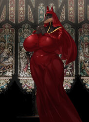  anthro big_breasts breasts canid canine canis carsen clasped_hands clothed clothing cross dobermann domestic_dog dress ears_through_headwear ears_up female headdress hi_res huge_breasts inside looking_down makeup mammal nun nun_habit nun_outfit pinscher praying red_clothing red_dress religious_clothing solo tight_clothing tight_topwear topwear wide_hips 