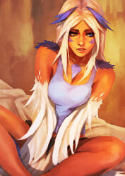  absurdres blue_eyes blue_hair blue_tank_top breasts cleavage eliana_(mgl139) facial_mark feathers female gradient_wings harpy heterochromia highres large_breasts long_hair monori_rogue monster_girl multicolored_hair multicolored_wings original parted_lips second-party_source shorts sitting solo tank_top white_feathers white_hair winged_arms wings yellow_eyes 