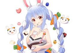  &gt;_&lt; ame. animal_ear_fluff animal_ears bare_arms bare_shoulders black_leotard blue_hair blush bow bowl braid breasts carrot_hair_ornament chocolate chocolate_on_hand cleavage closed_mouth commentary don-chan_(usada_pekora) dress female food-themed_hair_ornament food_on_hand fur-trimmed_dress fur_trim hair_between_eyes hair_ornament hairbow hand_up heart highres holding holding_bowl hololive leotard licking_lips long_hair looking_at_viewer medium_breasts mixing_bowl multicolored_hair no_detached_sleeves open_mouth pekomon_(usada_pekora) rabbit_ears red_eyes short_eyebrows simple_background smile solo_focus strapless strapless_dress strapless_leotard symbol-only_commentary thick_eyebrows tongue tongue_out twin_braids twintails two-tone_hair upper_body usada_pekora usada_pekora_(1st_costume) very_long_hair virtual_youtuber white_background white_bow white_dress white_hair 