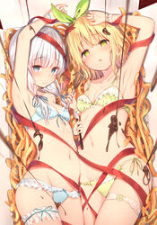  2girls armpits arms_up blonde_hair blue_bra blue_eyes blue_panties blush bra breasts chocolate chocolate_on_body commentary_request food_on_body frilled_bra frilled_panties frills green_eyes hair_between_eyes hair_ornament hair_ribbon hairband holding holding_whisk in_container kawaikereba_hentai_demo_suki_ni_natte_kuremasu_ka? koga_yuika lingerie long_hair looking_at_viewer lying melting multiple_girls navel on_back ootori_koharu panties red_ribbon ribbon short_hair small_breasts spatula sune_(mugendai) thigh_strap underwear underwear_only valentine whisk white_hair 