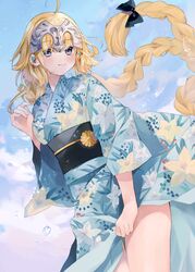  absurdres ahoge alternate_costume blonde_hair blue_eyes blue_kimono blush braid breasts fate/apocrypha fate/grand_order fate_(series) female floral_print hair_ornament hair_ribbon headpiece highres japanese_clothes jeanne_d&#039;arc_(anniversary_heroines)_(fate) jeanne_d&#039;arc_(fate) jeanne_d&#039;arc_(ruler)_(fate) kikumon kimono long_braid long_hair misaki346 obi outdoors ribbon sash single_braid smile solo very_long_hair 