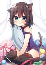  animal_ear_legwear animal_ears bare_shoulders black_hair black_thighhighs blue_eyes blue_one-piece_swimsuit blush bow cat_ear_legwear cat_ears cat_girl cat_tail commentary_request female fish_hair_ornament frilled_pillow frills hair_between_eyes hair_ornament hanamiya_natsuka looking_at_viewer one-piece_swimsuit original pillow red_bow school_swimsuit sitting solo strap_slip stuffed_animal stuffed_fish stuffed_mouse stuffed_toy swimsuit tail tail_bow tail_ornament thighhighs tongue tongue_out wariza 