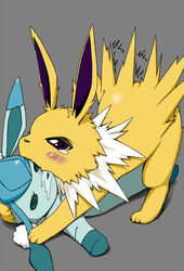  ambiguous_gender blush bodily_fluids doll drooling duo eeveelution feral generation_1_pokemon generation_4_pokemon glaceon hi_res jolteon koorinezumi nintendo plushie pokemon pokemon_(species) saliva tears 