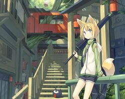  3girls against_railing animal_ear_fluff animal_ears architecture bamboo blonde_hair blue_eyes closed_umbrella commentary_request east_asian_architecture fox_ears fox_tail hood hoodie jacket kuroino_(poco) kuromitsu_nene lantern leaning_on_object light_rays momiji_(poko) multiple_girls original outdoors poco_(asahi_age) railing shiratama_kitsune shirt shorts speaker staff stairs sunbeam sunlight tail track_jacket tree umbrella 