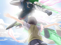  backlighting bad_id bad_pixiv_id cloud day female from_behind kaminagi_ryouko maihama_minami_high_school_uniform mecha outstretched_arms petals photoshop_(medium) robot school_uniform skirt spread_arms sun sweater_vest tarou99gou zegapain zegapain_altair 