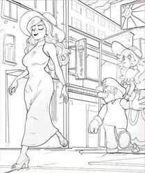  1boy 2girls angry bare_arms breasts crazy_eyes donkey_kong_(series) dress earrings facial_hair gloves hat high_heels jewelry lipstick long_dress long_hair makeup mario mario_(series) mayor moustache multiple_girls nintendo overalls pauline plumber princess princess_peach smug super_mario_bros. super_mario_odyssey walking 