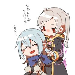  2girls armor aura blue_hair blue_scarf closed_eyes commentary_request dark_aura fire_emblem fire_emblem_awakening fire_emblem_fates fire_emblem_heroes grima_(fire_emblem) hood hood_down kana_(female)_(fire_emblem) kana_(fire_emblem) long_hair long_sleeves multiple_girls open_mouth pointy_ears red_eyes robe robin_(female)_(fire_emblem) robin_(fire_emblem) scarf shunrai simple_background twintails white_background white_hair 