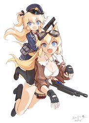  2girls animal_ears artist_name black_gloves black_legwear blonde_hair blue_eyes blue_skirt breasts cleavage collarbone commentary dated dog_ears dog_tags fingerless_gloves girls&#039;_frontline gloves goggles goggles_on_head gun hair_ribbon hat highres holding holding_gun holding_weapon jacket kisetsu large_breasts long_hair long_sleeves m500_(girls&#039;_frontline) mossberg_500 multiple_girls necktie oerba_yun_fang open_clothes open_jacket open_mouth pantyhose peaked_cap pleated_skirt police_hat pump_action red_necktie ribbon riding serbu_super-shorty shirt shorts shotgun signature simple_background skirt smile super-shorty_(girls&#039;_frontline) tied_shirt two_side_up weapon white_background white_shirt 