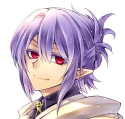  1boy commentary_request hair_between_eyes lacus_welt looking_at_viewer male_focus mekeko owari_no_seraph pointy_ears portrait purple_hair red_eyes smile solo white_background 