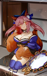  animal_ear_fluff animal_ears bare_shoulders blue_kimono blue_thighhighs bow breasts chocojax cleavage collarbone commentary_request detached_sleeves fate/extra fate/grand_order fate_(series) female fox_ears fox_girl fox_tail hair_ribbon hairbow highres indoors japanese_clothes kimono large_breasts mirror multiple_tails pink_hair ribbon sitting solo suiten_nikkou_amaterasu_yanoshisu_ishi tail tamamo_(fate) tamamo_no_mae_(fate/extra) thighhighs yellow_eyes 