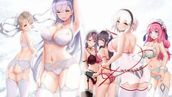  6+girls absurdres arm_up armpits ass azur_lane babydoll belfast_(azur_lane) black_hair black_legwear blonde_hair blue_eyes blue_gemstone blush bra braid breasts chains choker cleavage collar collarbone commentary_request curacoa_(azur_lane) curlew_(azur_lane) french_braid frills garter_belt gem groin hair_between_eyes hair_ornament hair_over_one_eye hairband highleg highleg_panties highres holding_own_arm jewelry lace lace-trimmed_bra lace-trimmed_hairband lace-trimmed_legwear lace-trimmed_panties lace_trim large_breasts long_hair looking_at_viewer looking_back low-tied_long_hair lowleg lowleg_panties maid maid_headdress multiple_girls navel necklace open_mouth panties panties_over_garter_belt photoshop_(medium) pink_babydoll pink_bra pink_hair pink_panties piukute062 purple_bra purple_hair red_eyes ribbon sheffield_(azur_lane) short_hair side_braid sidelocks sirius_(azur_lane) smile stomach suffolk_(azur_lane) thighhighs underwear underwear_only white_bra white_hair white_panties yellow_eyes 