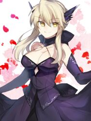  artoria_pendragon_(fate) artoria_pendragon_(lancer_alter)_(fate) black_ribbon blonde_hair braid breasts choker cleavage clothing_cutout commentary_request cosplay cowboy_shot diamond_cutout elbow_gloves fate/grand_order fate_(series) female french_braid gloves large_breasts nikame petals ribbon ribbon_choker rose_petals saber_alter saber_alter_(cosplay) sidelocks smile solo white_background yellow_eyes 