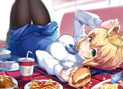  ahoge artoria_pendragon_(fate) black_pantyhose blonde_hair blue_ribbon burger cake casual cherry commentary crown dessert fate/grand_order fate/stay_night fate_(series) female flag food food_on_face french_fries fruit gendo0032 green_eyes hair_bun hair_ribbon ketchup pantyhose paper_crown ribbon saber_(fate) single_hair_bun solo sparkle taiyaki wagashi 