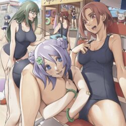  6+girls :d ai_(popotan) bandaid beach beach_chair beach_house bracelet breasts brown_eyes brown_hair character_request clover_hair_ornament commentary_request double_bun eyewear_on_head fishing_rod glasses green_eyes green_hair hair_bun hair_ornament highres hug innertube jewelry large_breasts long_hair looking_back mea_(popotan) mii_(popotan) multiple_girls nono_(popotan) old_school_swimsuit one-piece_swimsuit open_mouth popotan poster_(object) purple_eyes purple_hair puruchorin school_swimsuit smile sweatdrop swim_ring swimsuit twintails unagi_(popotan) 