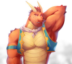  2018 activision anthro bovid_horn bozi caprine_horn clothing countershade_torso countershading delbin_(spyro) dragon eyebrows goat_horn hair hand_behind_head hi_res horn male muscular muscular_anthro muscular_male mythological_creature mythological_scalie mythology pecs red_body red_eyes red_scales rescued_dragons_(spyro) scales scalie scarf sharp_teeth simple_background smile solo spikes spyro_reignited_trilogy spyro_the_dragon teeth topwear vest yellow_body yellow_countershading yellow_scales 