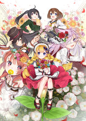  6+girls :d ;) absurdres ahoge amatou_cacao animal animal_ears ankle_cuffs apron bag bare_shoulders bell black_hair blonde_hair blue_eyes blush book bouquet bow braid branch brown_hair cape cat_ears cherry_blossoms closed_mouth commentary_request covering_own_mouth daisy dress eyepatch feline floating_hair floral_background flower flower_wreath footwear_bow from_above gerbera hair_bell hair_flower hair_ornament hairbow hairclip hand_in_own_hair hand_on_headwear hand_up hat head_wreath highres holding holding_book holding_bouquet holding_branch holding_flower jewelry light_purple_hair long_hair long_sleeves looking_at_viewer medical_eyepatch multiple_girls necklace on_flower one_eye_closed open_mouth orange_flower original outstretched_arm petals petunia_(flower) pigeon-toed pink_eyes poppy_(flower) purple_eyes red_eyes red_flower red_rose red_skirt rose school_uniform serafuku shoes short_hair shoulder_bag side_braid sitting skirt skull_hair_ornament smile tassel twin_braids twintails very_long_hair white_cat white_dress white_flower yellow_flower 