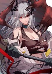  arknights artist_name bandages bare_shoulders black_choker black_gloves breasts chest_sarashi choker commentary crop_top female gloves grey_hair hair_between_eyes hammer highres holding holding_hammer holding_weapon horns infection_monitor_(arknights) large_breasts lips long_hair looking_at_viewer material_growth midriff mudrock_(arknights) mudrock_(elite_ii)_(arknights) oripathy_lesion_(arknights) pointy_ears red_eyes sarashi shinoda_giri sidelocks simple_background solo sports_bra stomach torn_clothes torn_sports_bra twitter_username upper_body weapon white_background 