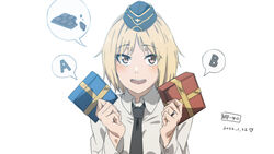  blonde_hair box brown_eyes chocolate collared_shirt commentary_request commission commissioner_upload female gift gift_box girls&#039;_frontline hat highres holding holding_gift jewelry long_sleeves looking_at_viewer md5_mismatch military military_hat military_uniform mp40_(girls&#039;_frontline) necktie open_mouth pixiv_commission resolution_mismatch ring shirt short_hair smile solo source_smaller triangle_bullet uniform wedding_ring 