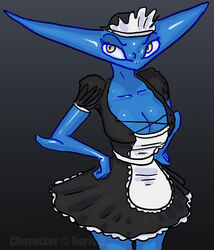  alien alien_humanoid amphibian apron big_breasts black_background blue_body blue_skin borisalien boryana breasts cleavage clothed clothing diplocaulus female gradient_background grey_background hands_on_hips humanoid maid_headdress maid_uniform nectrid pupils simple_background slit_pupils solo uniform wide_hips yellow_eyes 