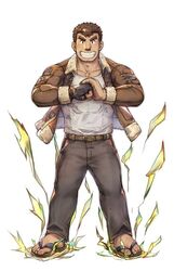  1boy absurdres bara barry_go belt black_hair blush brown_hair collarbone energy facial_hair full_body granblue_fantasy_(style) highres jacket long_sideburns long_sleeves looking_at_viewer male_focus muscular muscular_male open_clothes own_hands_together pants pectorals sandals sideburns simple_background single_sleeve smile solo stubble takabushi_kengo tank_top teeth thick_eyebrows thighs tokyo_afterschool_summoners 