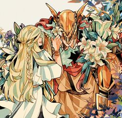  1boy armor blonde_hair braid brother_and_sister cape closed_mouth covered_eyes drenched-in-sunlight dress elden_ring female flower helmet holding long_hair malenia_blade_of_miquella mechanical_arms miquella_(elden_ring) open_mouth otoko_no_ko prosthesis prosthetic_arm red_cape red_hair robe siblings single_mechanical_arm smile twins very_long_hair white_robe winged_helmet 