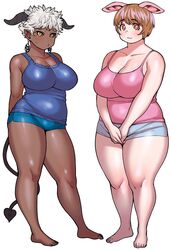  2girls animal_ears arms_behind_back bare_shoulders barefoot black_sclera blush breasts brown_hair cleavage closed_mouth collarbone colored_sclera commentary commentary_request contrapposto dark-skinned_female dark_skin demon_horns demon_tail elf-san_wa_yaserarenai. full_body highres horns huge_breasts looking_at_viewer multiple_girls oku_(elf-san_wa_yaserarenai) orange_eyes pentagram_earrings pig_ears plump pointy_ears satero short_hair short_shorts shorts simple_background standing synecdoche tail tareme thick_arms thick_thighs thighs tsurime white_background white_hair yellow_eyes 