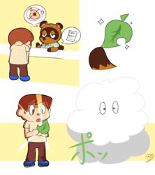  2021 aliasing animal_crossing anthro brown_body brown_fur business canid canine clothing cloud digital_drawing_(artwork) digital_media_(artwork) duo four_frame_image fur hair hi_res holding_leaf human japanese_text leaf leaf_(animal_crossing) male mammal mdjoe nintendo no_symbol nookager notched_leaf pictographics poof poof_effect raccoon_dog sequence signature simple_background sparkles symbol tanuki text tf_into_fictional_character tom_nook_(animal_crossing) transformation transformation_sequence translation_request villager_(animal_crossing) 