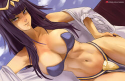  artist_name black_nails blue_sky breasts cloud commentary day english_commentary female fingernails fire_emblem fire_emblem_awakening hand_on_own_hip jewelry large_breasts lips long_hair long_sleeves looking_at_viewer midriff nail_polish navel off_shoulder outdoors parted_lips pelvic_curtain simple_background sky smile solo stomach tharja_(fire_emblem) tiara ultrabinou wide_sleeves 