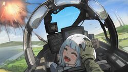  :d ^_^ aircraft airplane airplane_interior blue_hair blunt_bangs blush closed_eyes cockpit commentary english_commentary explosion f-4_phantom_ii female fighter_jet gawr_gura gloves grey_hair headpat highres hololive hololive_english jet looking_at_viewer looking_back military military_vehicle mirror missile multicolored_hair open_mouth paintrfiend pov pov_hands project_wingman sharp_teeth smile streaked_hair teeth virtual_youtuber 